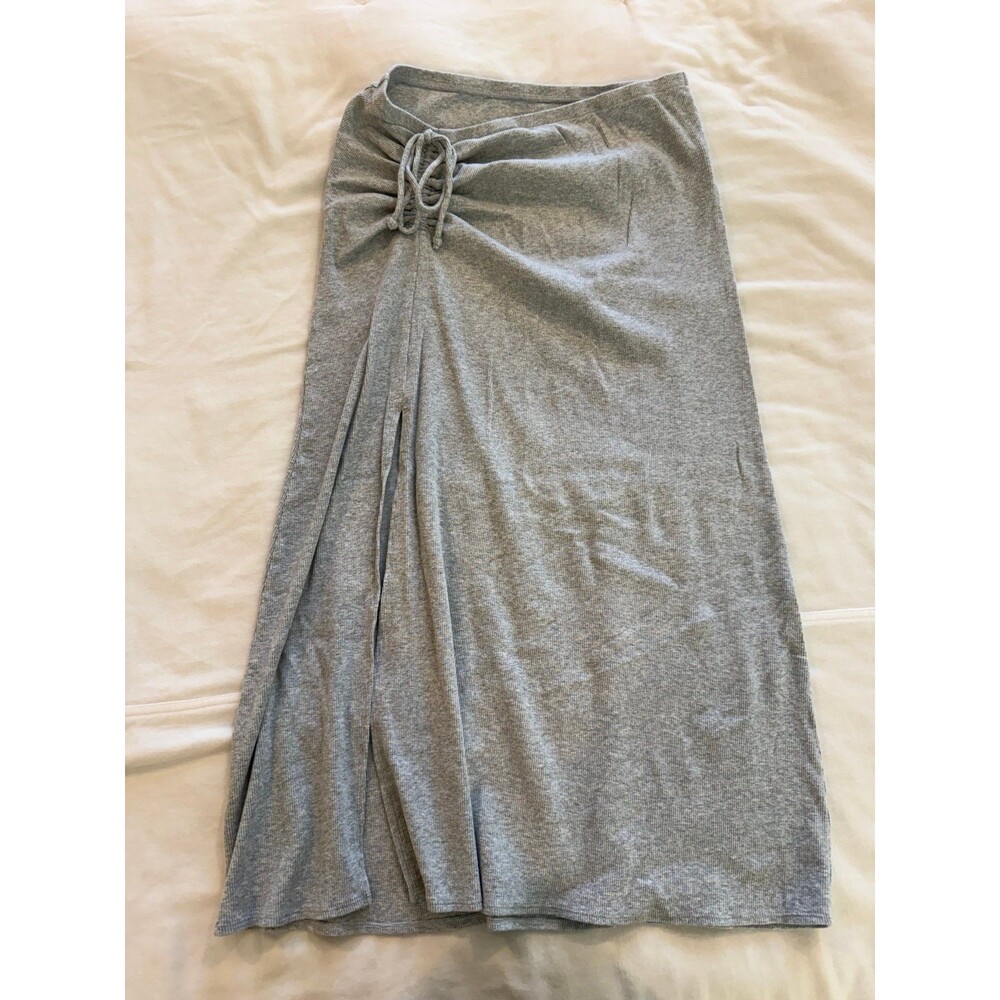Aerie Ribbed Midi Maxi Skirt Gray Side Tie Ruched Slit Cotton Stretch Size M